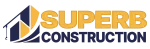 Logo for Superb Construction featuring a house graphic, golden text on a white background.