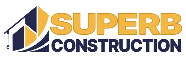 Logo for Superb Construction. Features a house icon with yellow and dark blue colors, and the text “SUPERB CONSTRUCTION.”