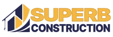 Logo for Superb Construction featuring a house graphic, golden text on a white background.