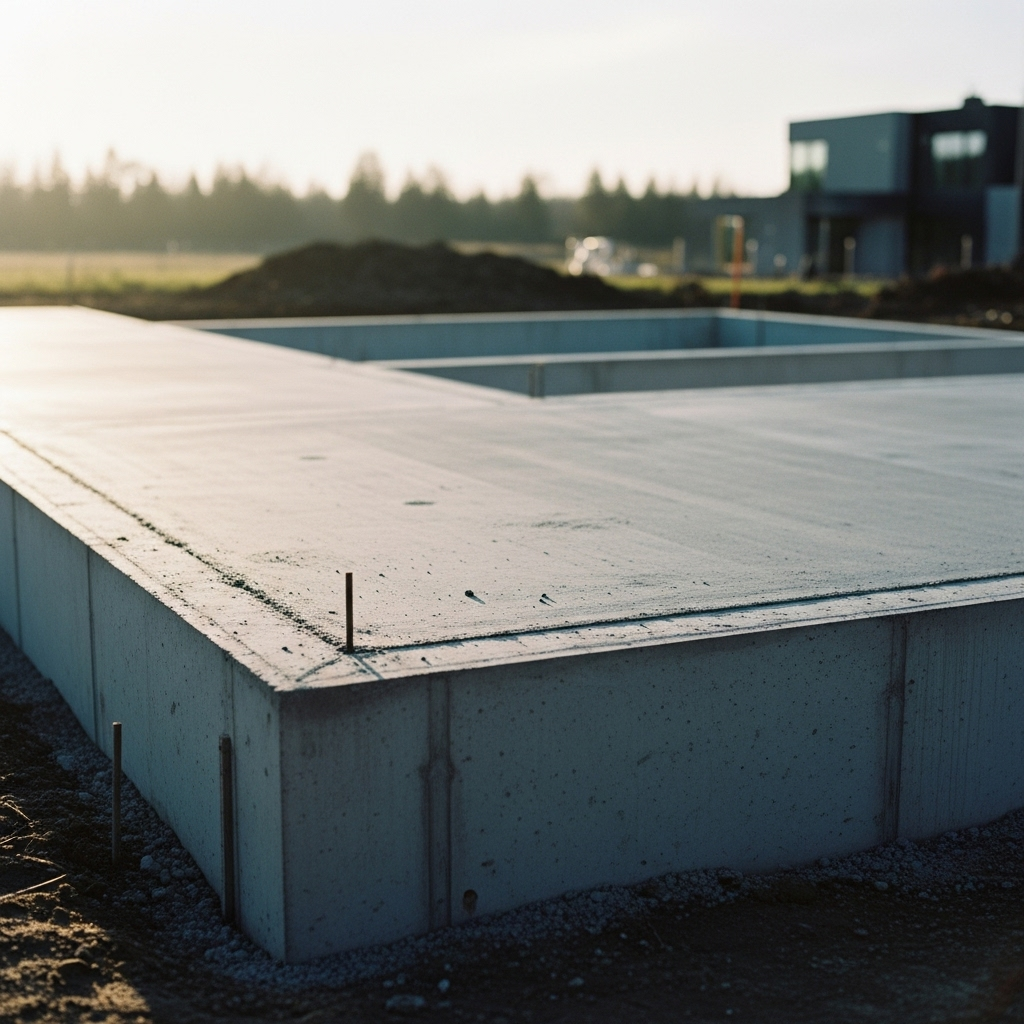 Concrete foundation for a building, set in a field with a modern house in the background.