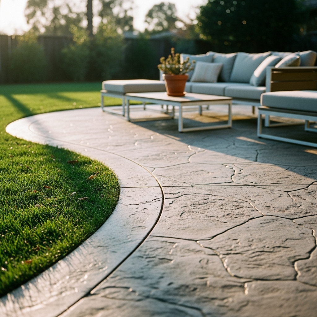 Curving stone patio with outdoor seating, lush green grass, and sunlight.