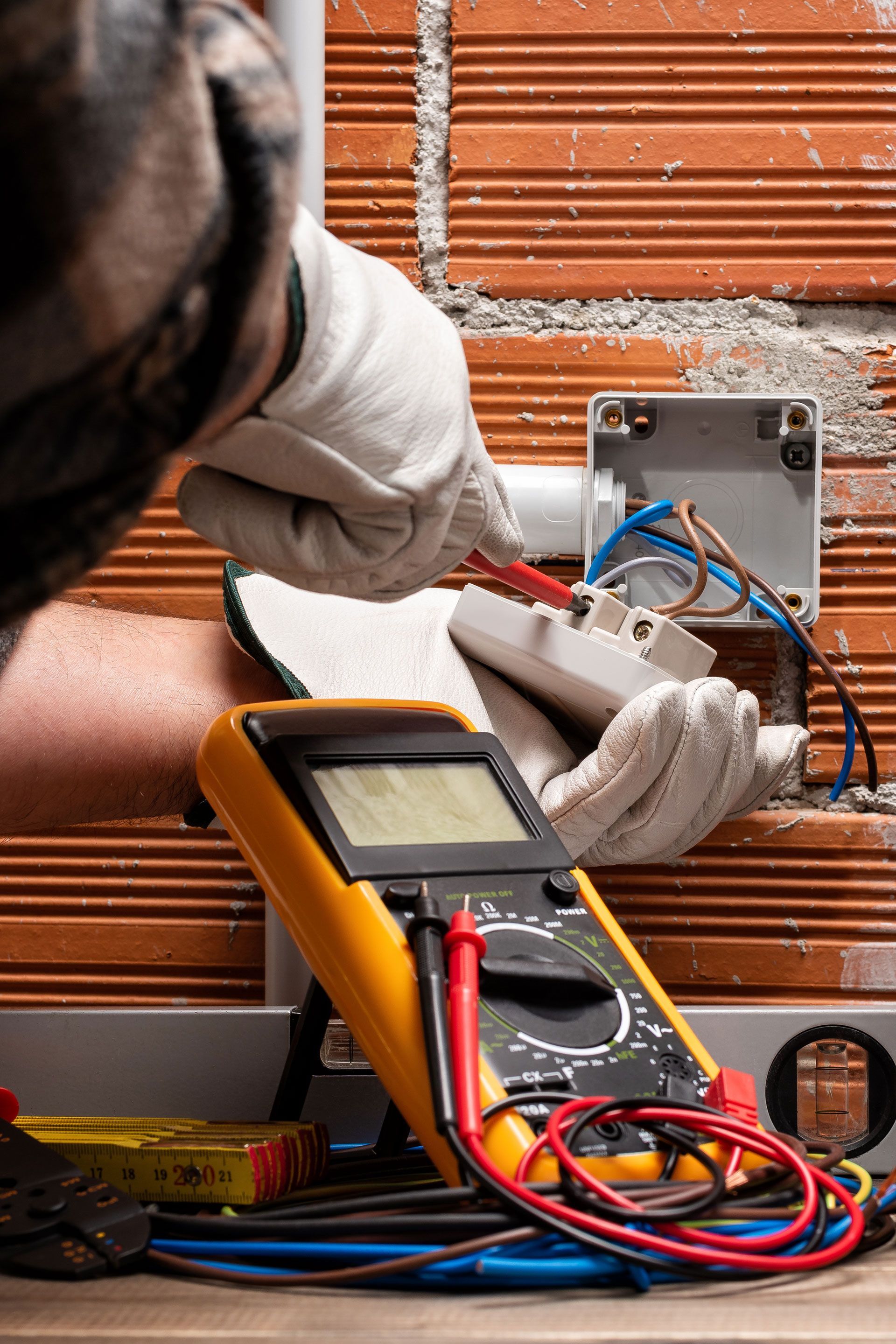 An electrician using a screwdriver to connect wires in an electrical box, with a yellow multimeter in the foreground.