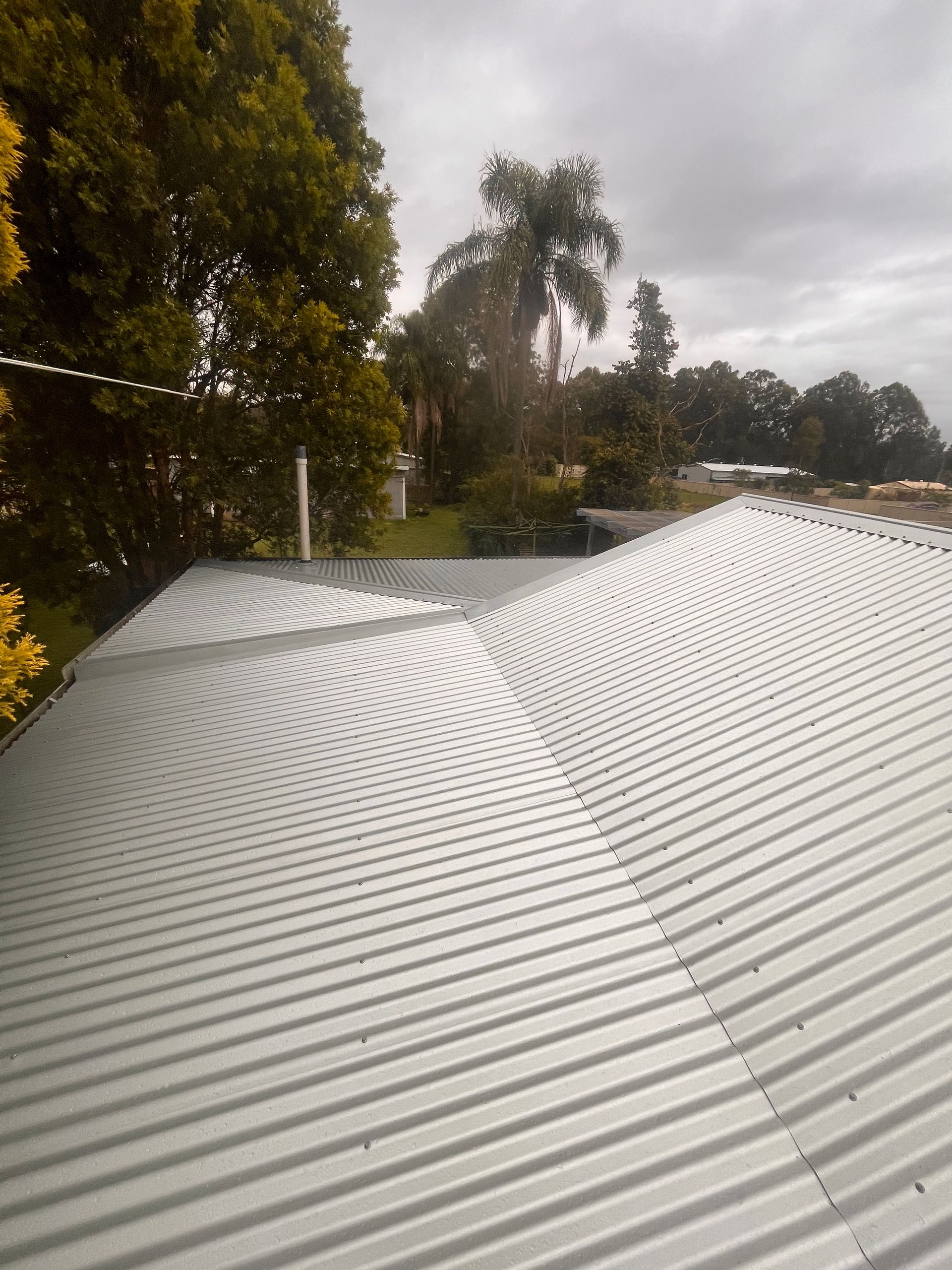 Corrugated metal roof on a house, view from above, trees in background, cloudy day.