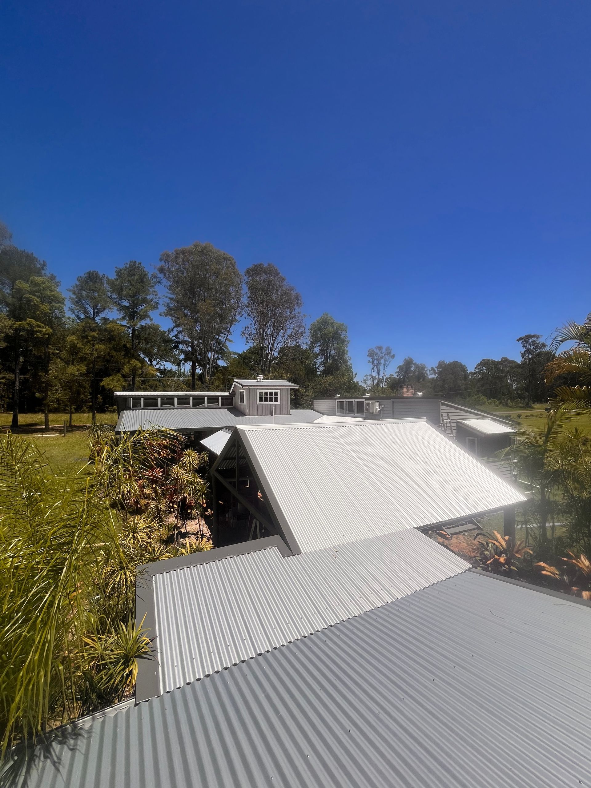 A modern house with a corrugated metal roof under a bright blue sky. Green trees and grass surround the structure.