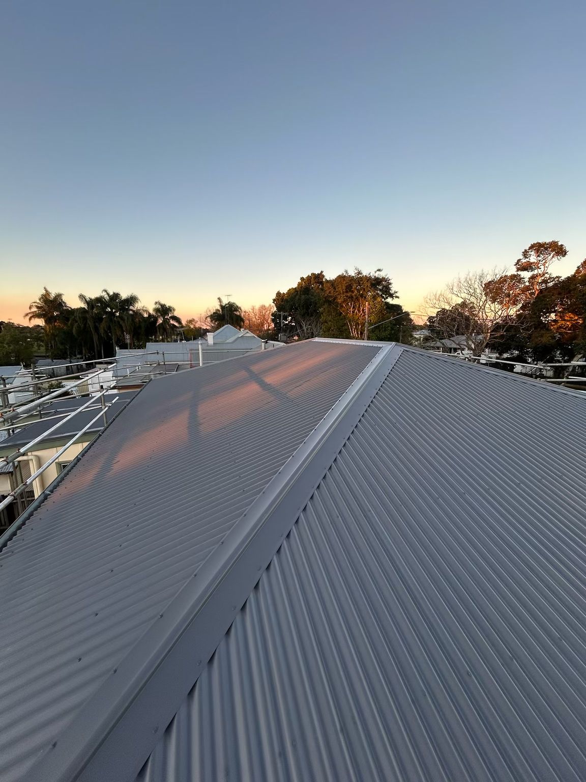 Gray corrugated metal roof with trees and blue and orange sky at sunset.