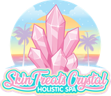 A logo for a holistic spa with pink crystals and palm trees.