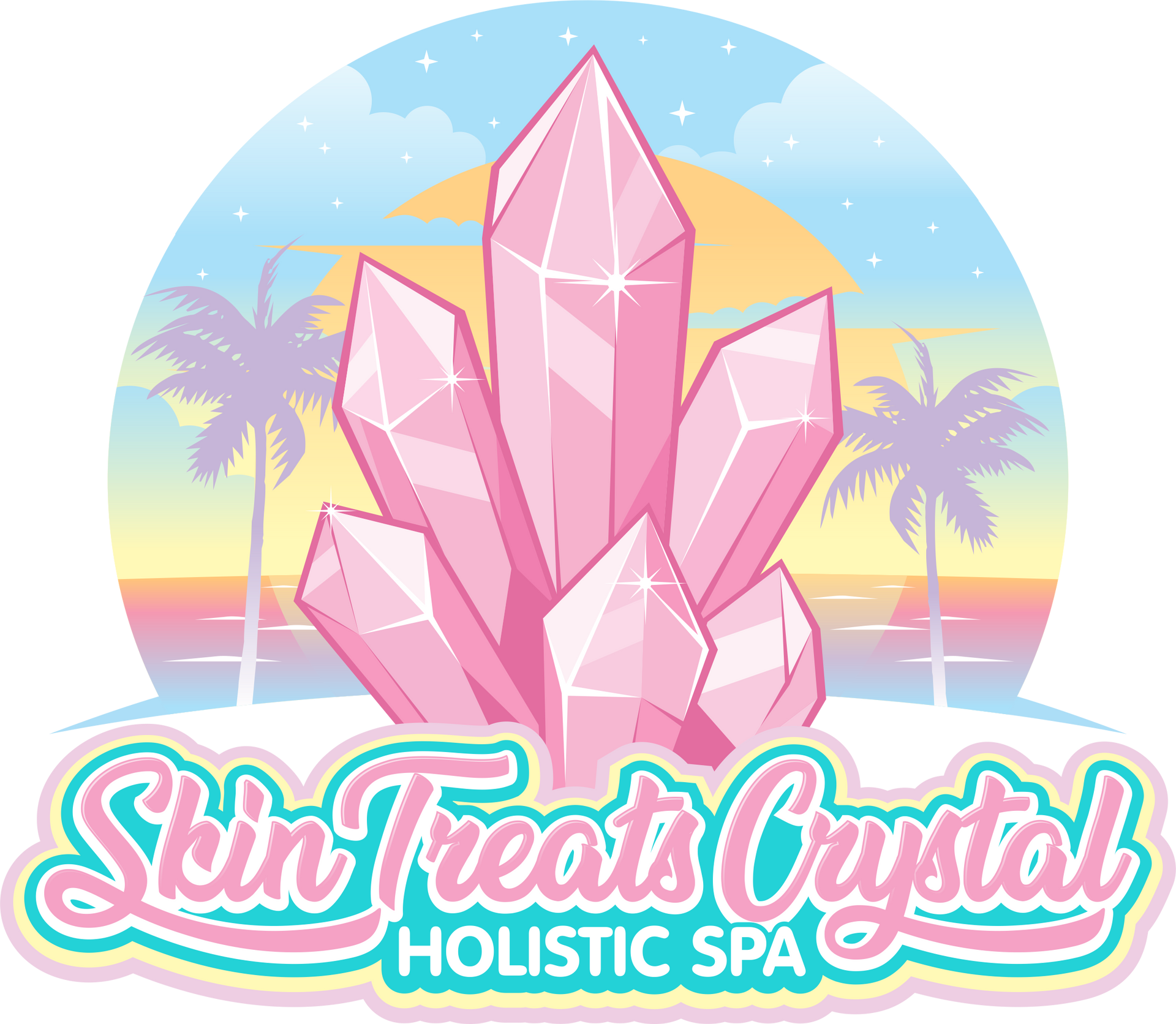 A logo for a holistic spa with pink crystals and palm trees.