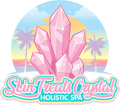 A logo for a holistic spa with pink crystals and palm trees.