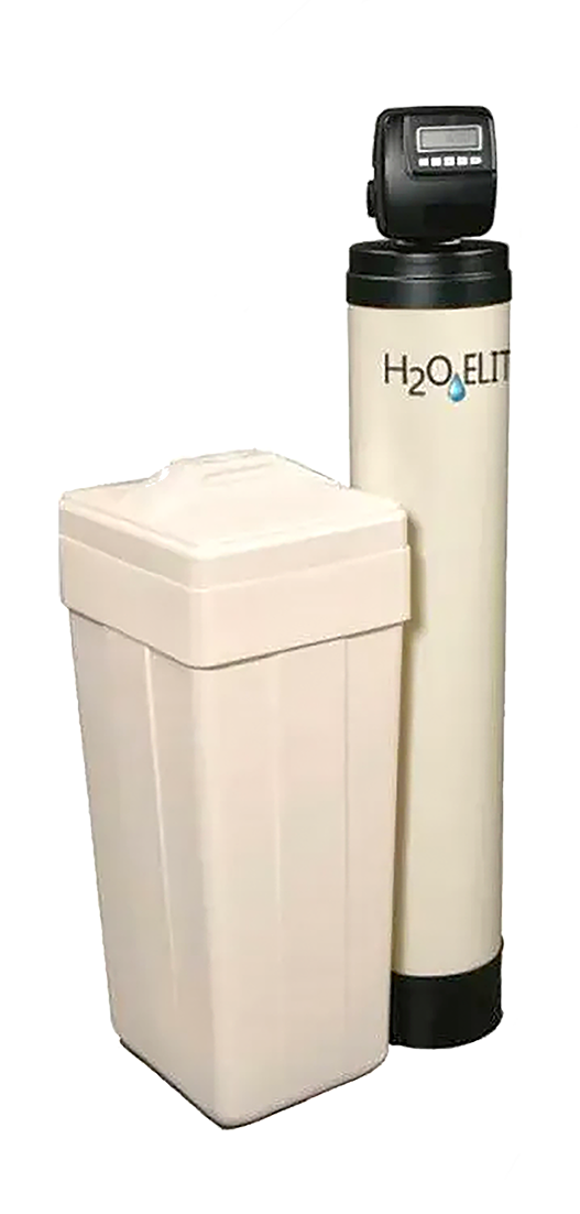 Water softener system with a white salt tank and a tall cylindrical resin tank with a digital control panel.