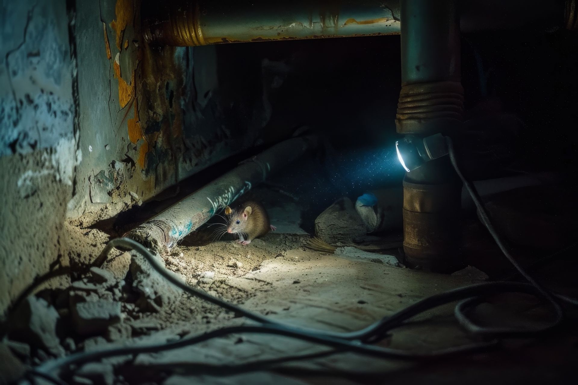 A mouse is crawling under a pipe in a dark room.