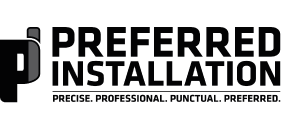 The logo for Preferred Installation is black and white and says precise , professional , punctual , preferred.