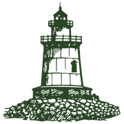 A green and white drawing of a lighthouse on top of a rocky hill.