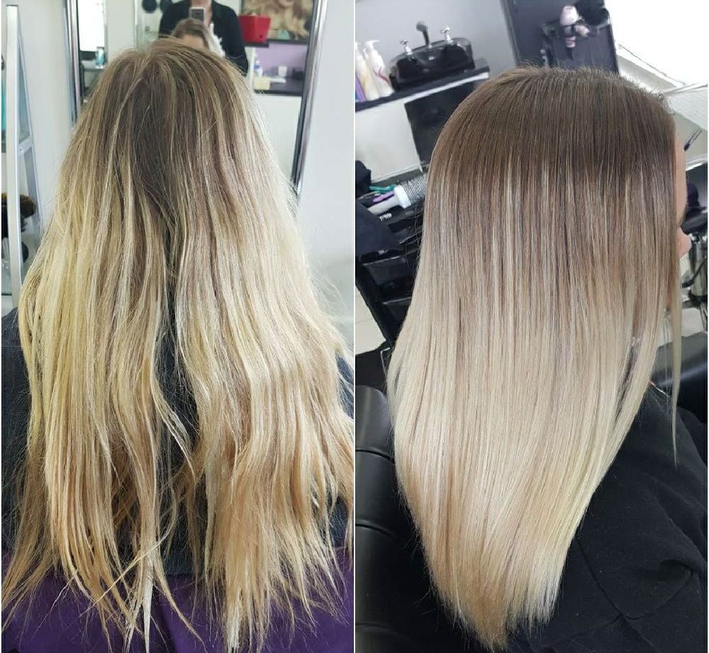 A Before and After Photo of a Woman's Hair at Lush Hair Studio — Lush Hair Studio in Tumbi Umbi, NSW