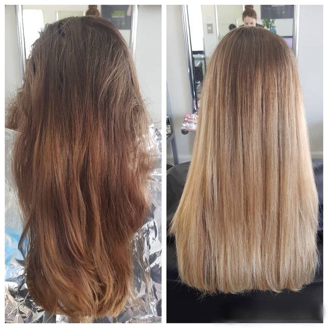 A Before and After Photo of a Woman's Hair — Lush Hair Studio in Tumbi Umbi, NSW
