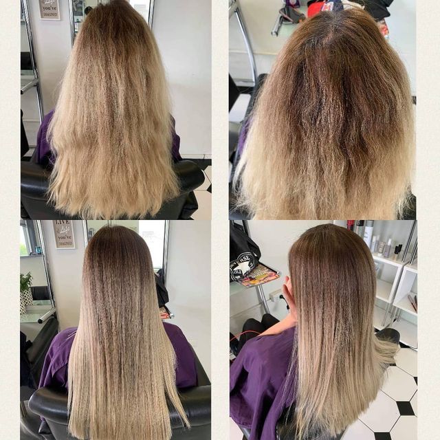 A Woman With Long Blonde Hair is Sitting in a Chair — Lush Hair Studio in Tumbi Umbi, NSW