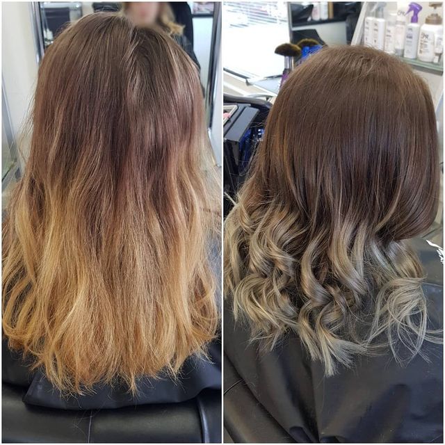 A Before and After Photo of a Woman's Hair in a Salon — Lush Hair Studio in Tumbi Umbi, NSW