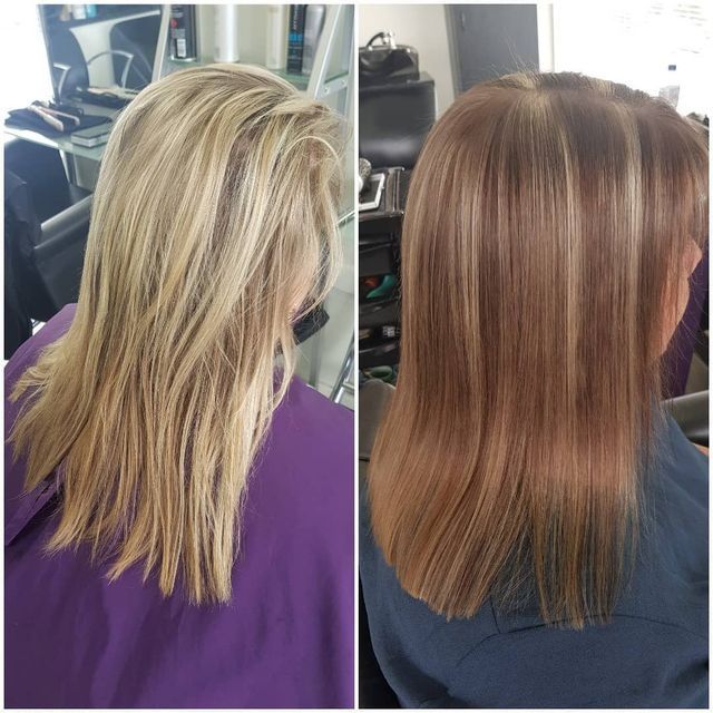 A Before and After Photo of a Woman's Hair — Lush Hair Studio in Tumbi Umbi, NSW