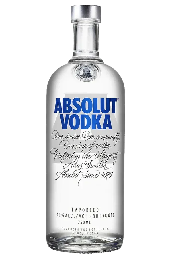 Bottle of Absolut Vodka, blue label, clear glass, silver cap.