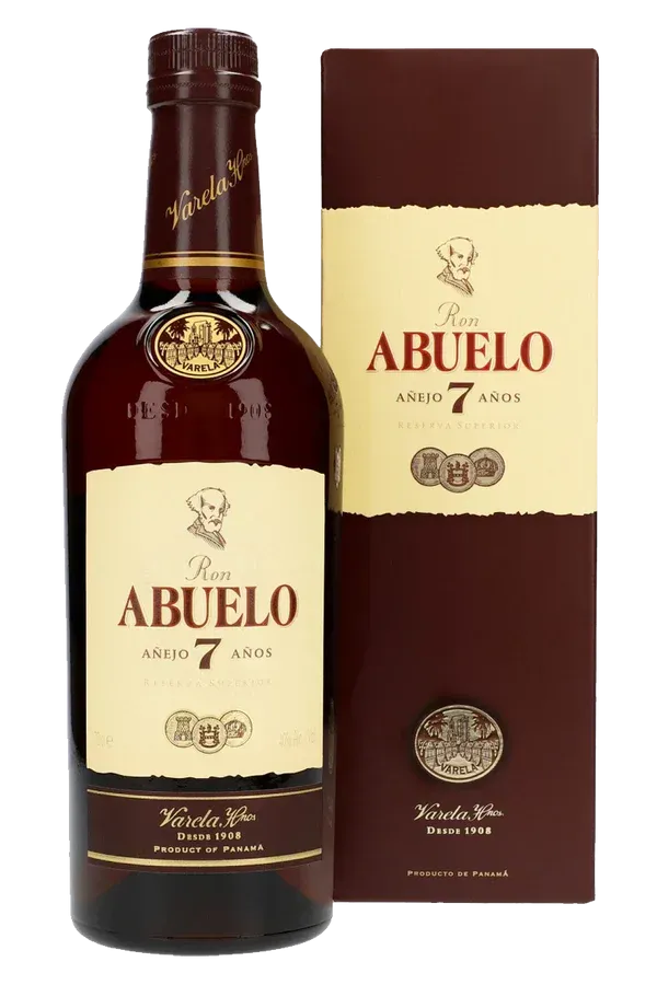 Bottle of Ron Abuelo 7 Años rum with a brown and tan presentation box.