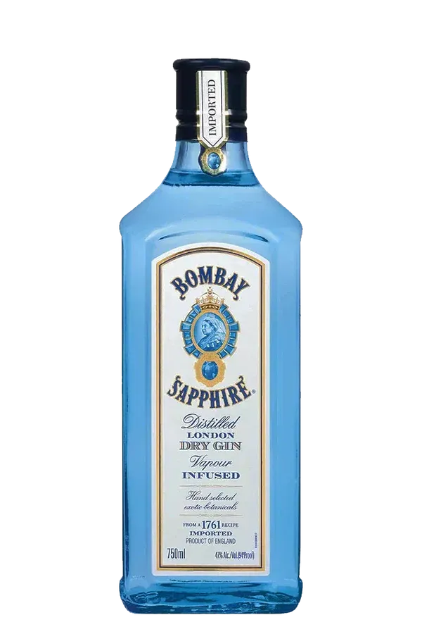 Bottle of Bombay Sapphire gin; light blue glass, black cap, white label.