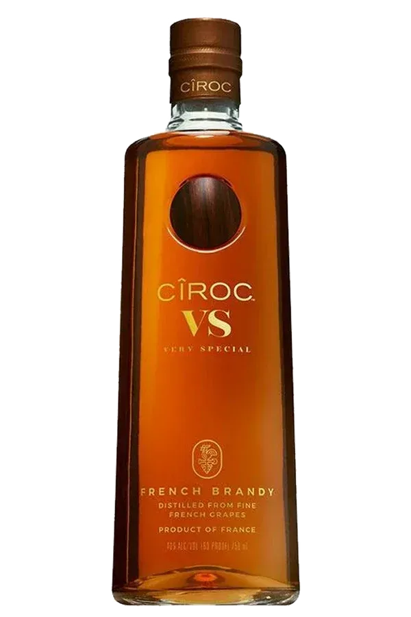 Ciroc VS French Brandy bottle with amber liquid, brown cap and circular logo detail.
