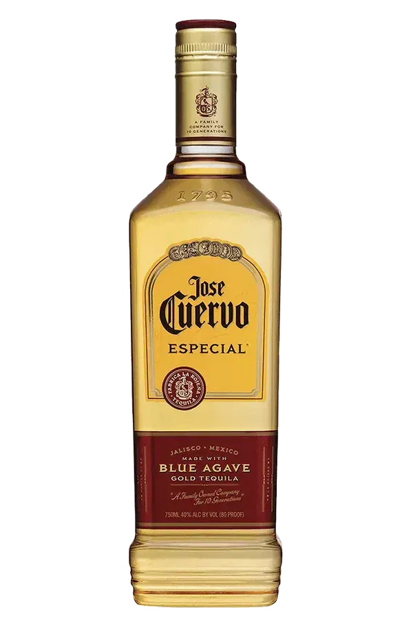 Bottle of Jose Cuervo Especial tequila; amber liquid, gold and red label, clear glass.
