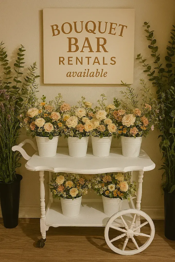 White cart with floral arrangements in white buckets; sign above reads 