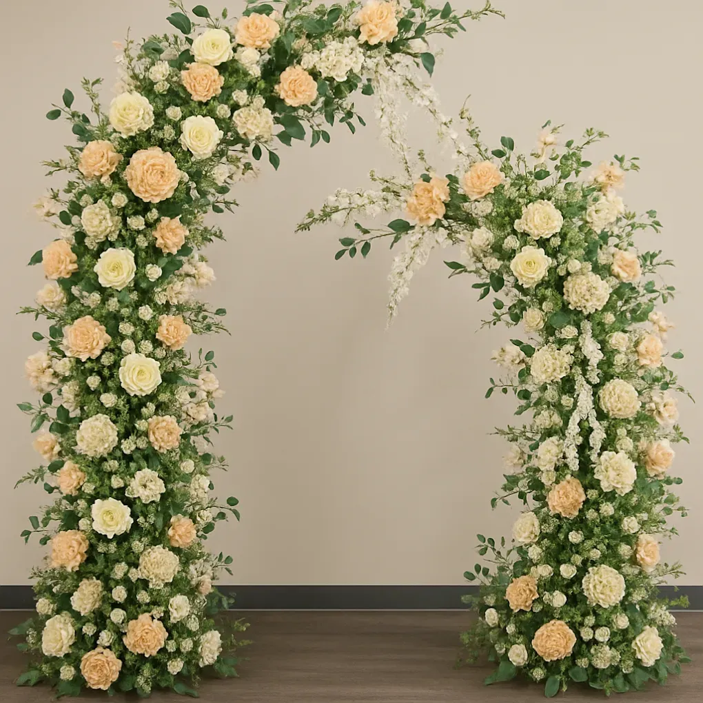 Floral archway with white and peach-colored blooms and greenery, set against a neutral background.