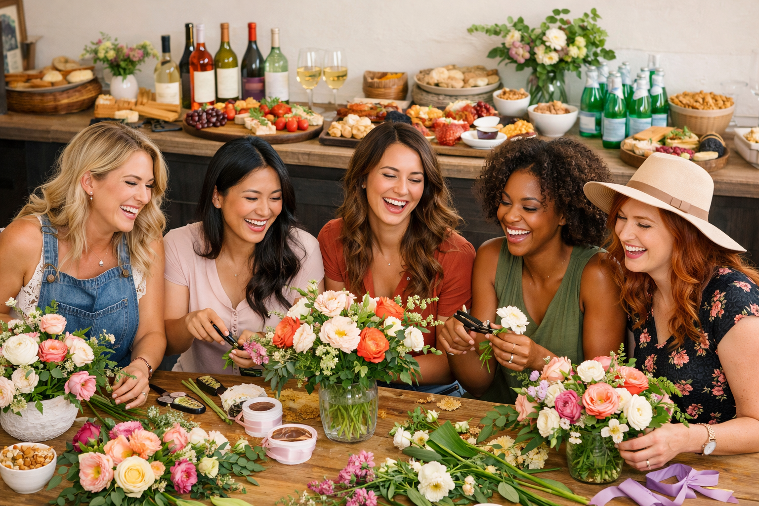 Group of people smiling, holding fall flower arrangements in pumpkins, in a workshop setting.