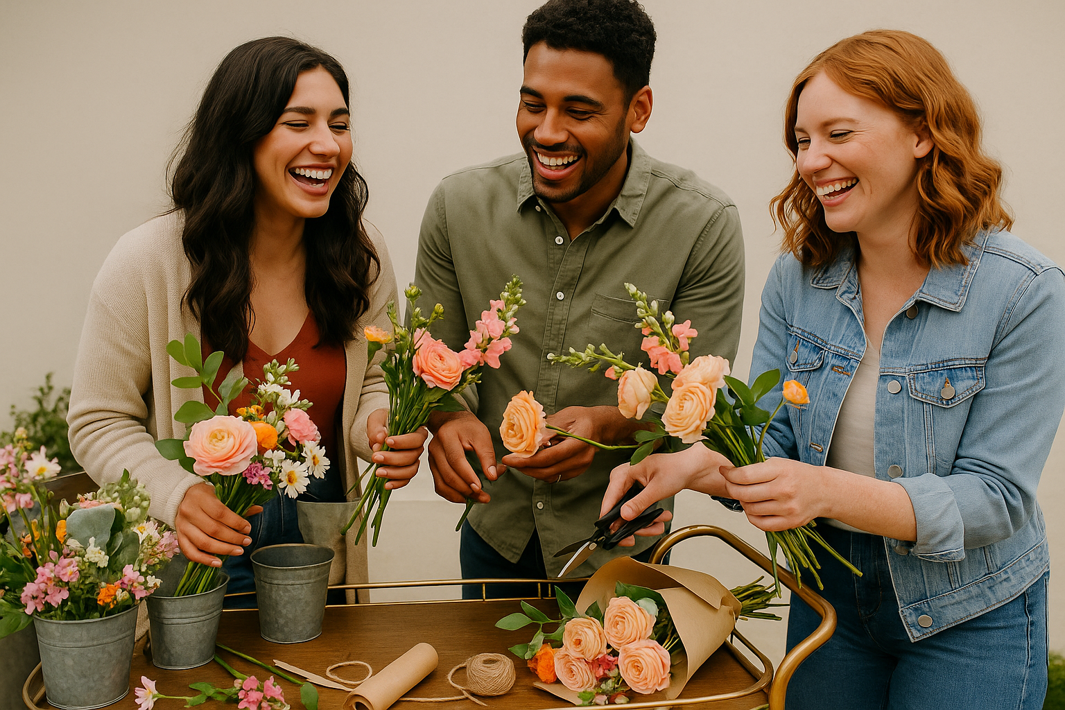 Three smiling people arranging flowers at a table; two women and one man are working with bouquets and tools.