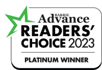 Barrie Advance Readers' Choice 2023 Platinum Winner award badge with a green star. Black text on a white background.