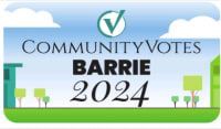 Community Votes Barrie 2024 logo with a checkmark, text over a stylized green landscape, blue sky, and clouds.