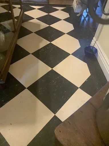 Black and white diamond pattern floor with adjacent furniture.