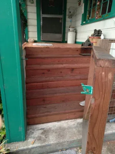Wooden porch steps leading to a front door, next to a green painted post.