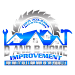 Logo for D and B Home Improvement, featuring a house icon, tools, a saw blade, and contact info.