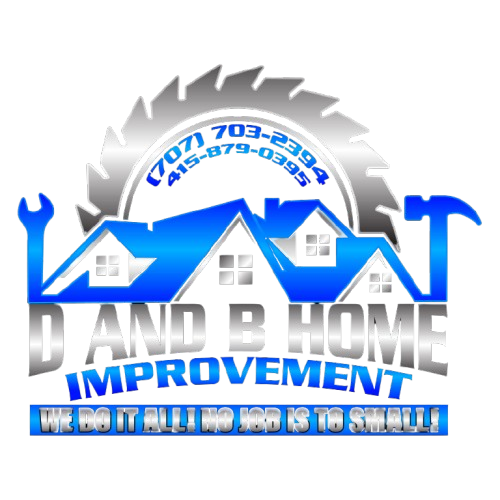Logo for D and B Home Improvement, featuring a house icon, tools, a saw blade, and contact info.