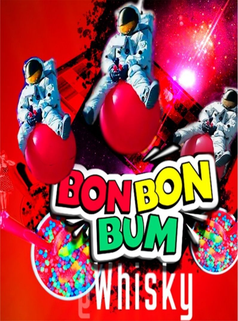 Un cartel de whisky bonbon bum con astronautas en globos