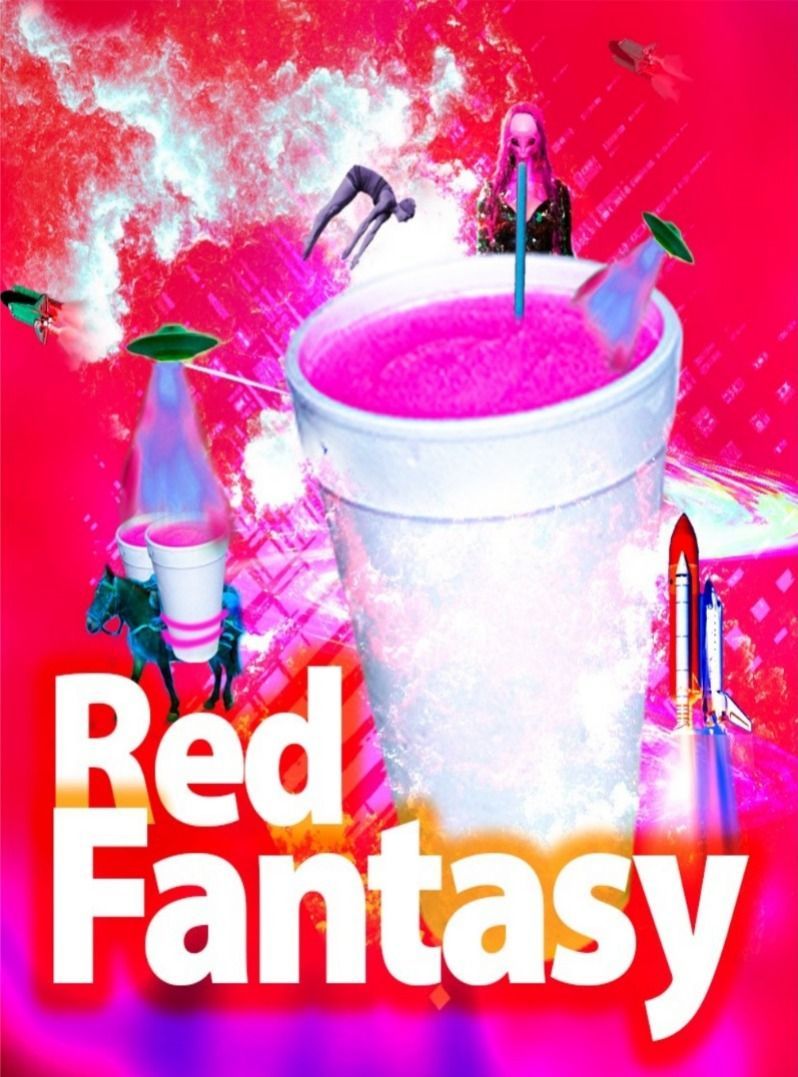 Un cartel de fantasía rojo con un vaso de poliestireno lleno de líquido rosa