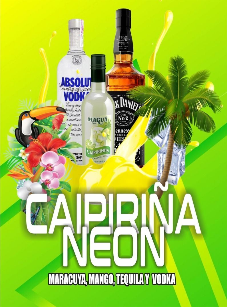 Un cartel de una bebida llamada caipirinha neón con botellas de alcohol y flores tropicales.