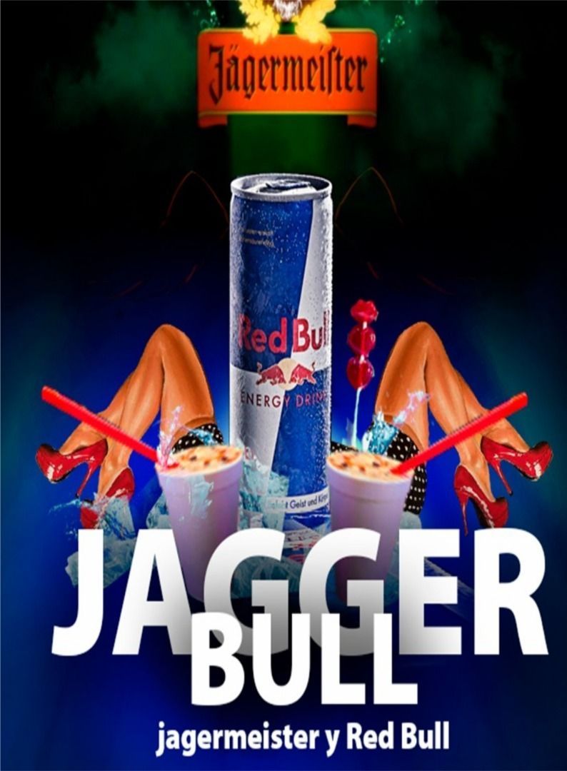 Un cartel de Jagger Bull con una lata de Red Bull.