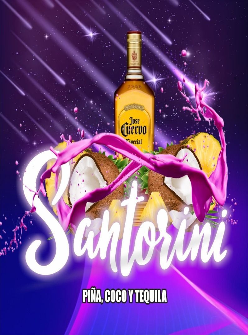 Un cartel de una bebida llamada santorini con una botella de tequila