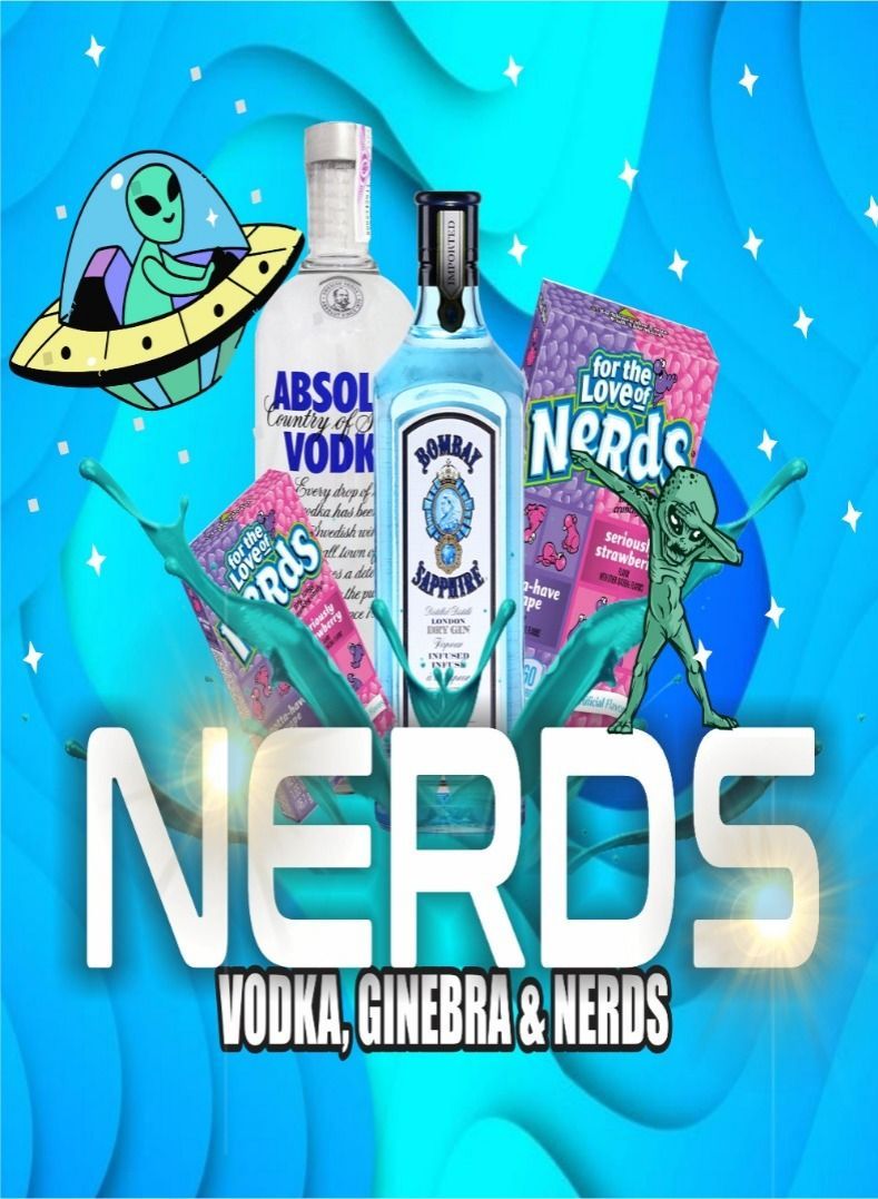 Un cartel para nerds vodka ginebra y nerds con una botella de vodka absolut y una botella de zafiro de bombay
