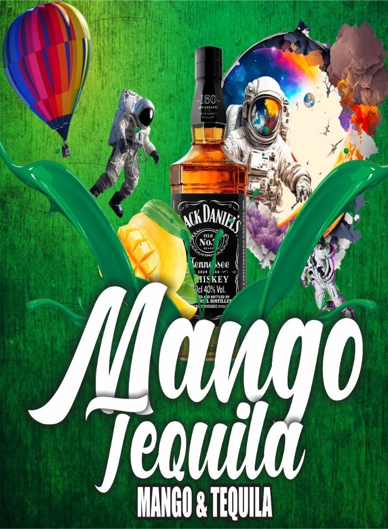 Un cartel de tequila de mango con una botella de jack daniel's sobre un fondo verde.