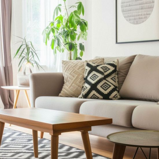 A living room with a couch and a coffee table