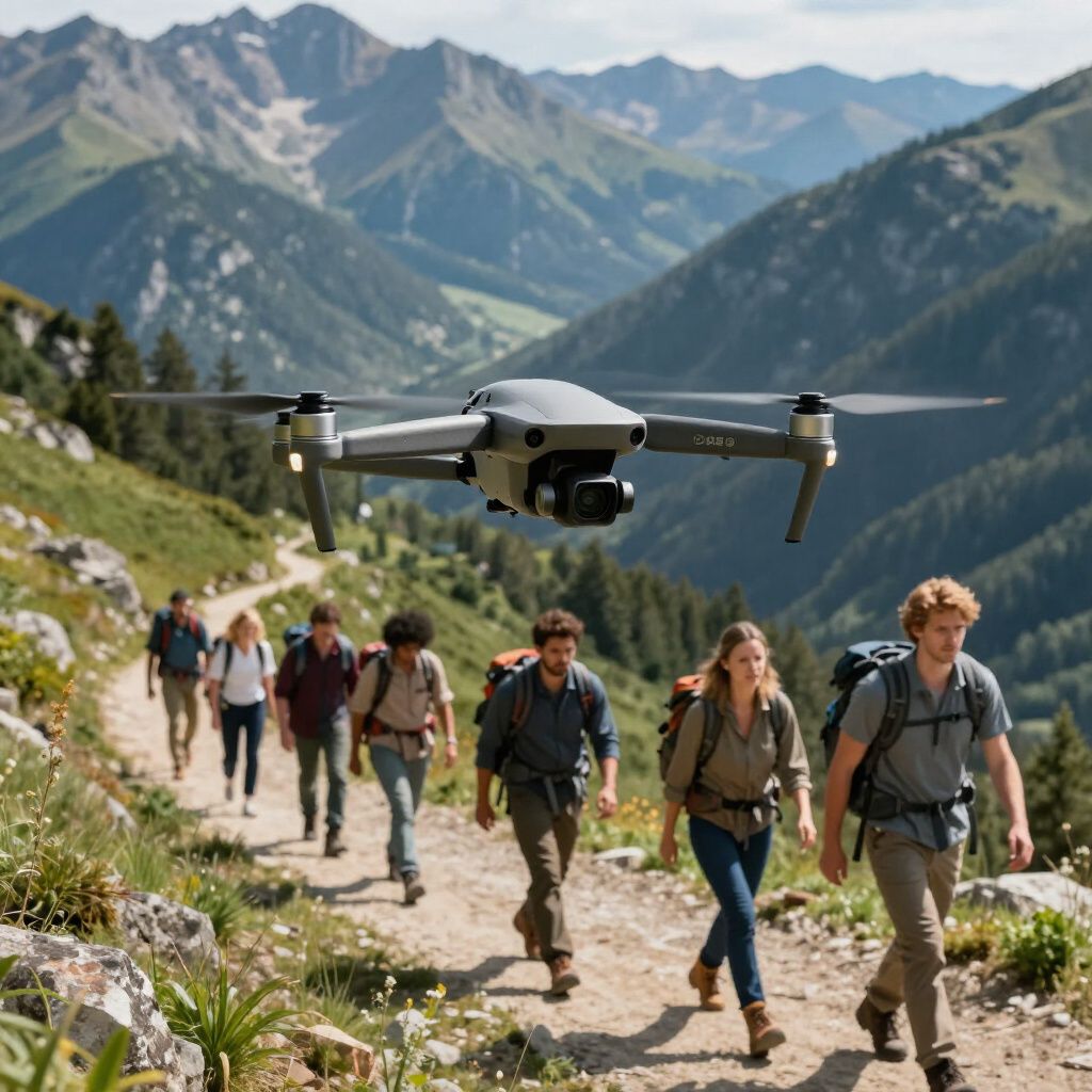 group hike through Scottish woodland, hills, mountains, with drone photography and videography