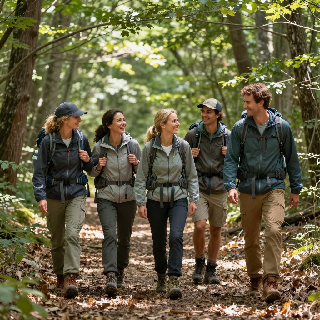 group hike through Scottish woodland, hills, mountains