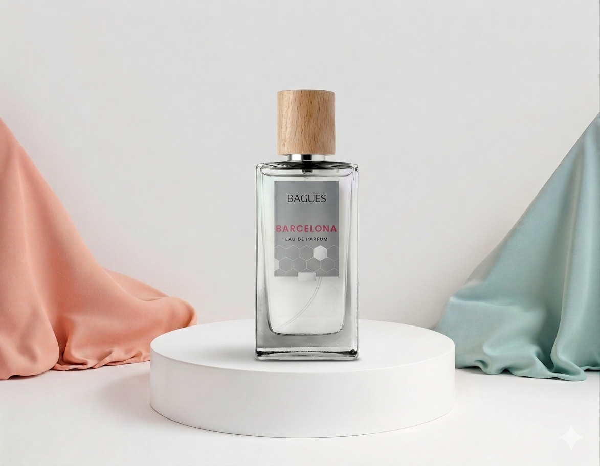 Frasco de perfume de vidrio con tapón de corcho sobre un pedestal blanco, flanqueado por fondos de tela rosa y menta.
