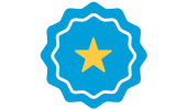 Blue starburst badge with yellow star in the center.
