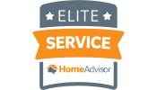 HomeAdvisor Elite Service badge: gray, orange, and white logo with stars and text.