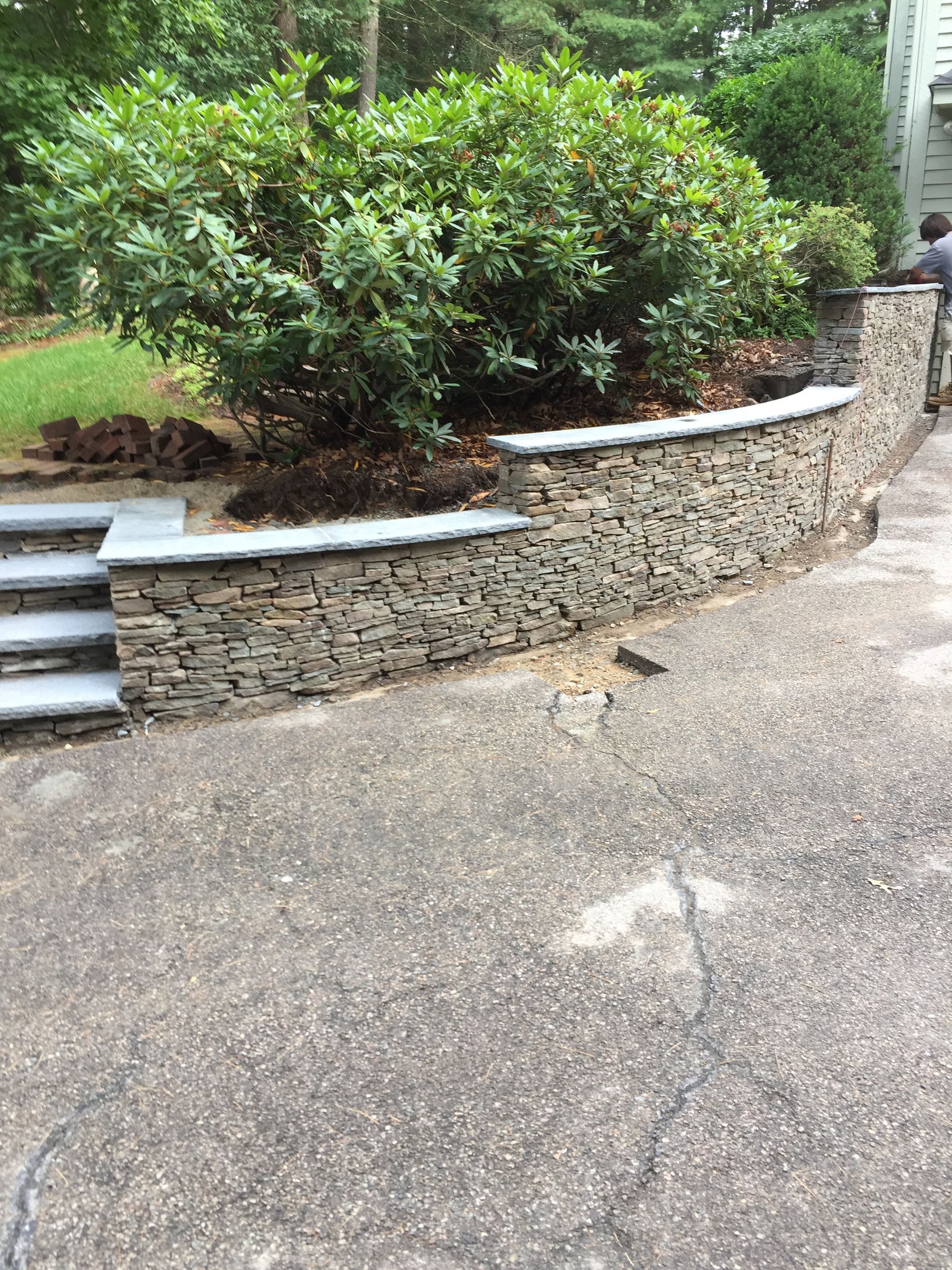 A stone wall with stairs and a bush in the middle of it.